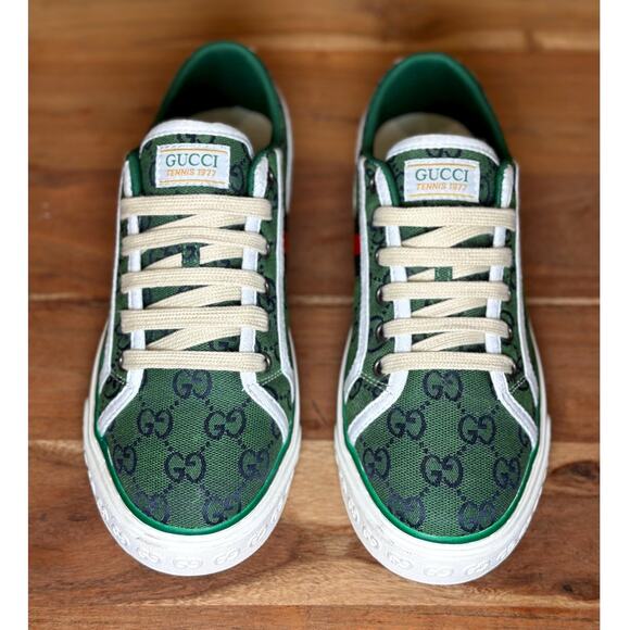 GUCCI NEW Women's US Size 10 Tennis 1977 GG Logo Green Canvas Low-Top Sneakers - Picture 5 of 12